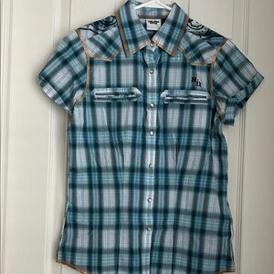 Harley Davidson Teal and White Plaid Button Down Shirt